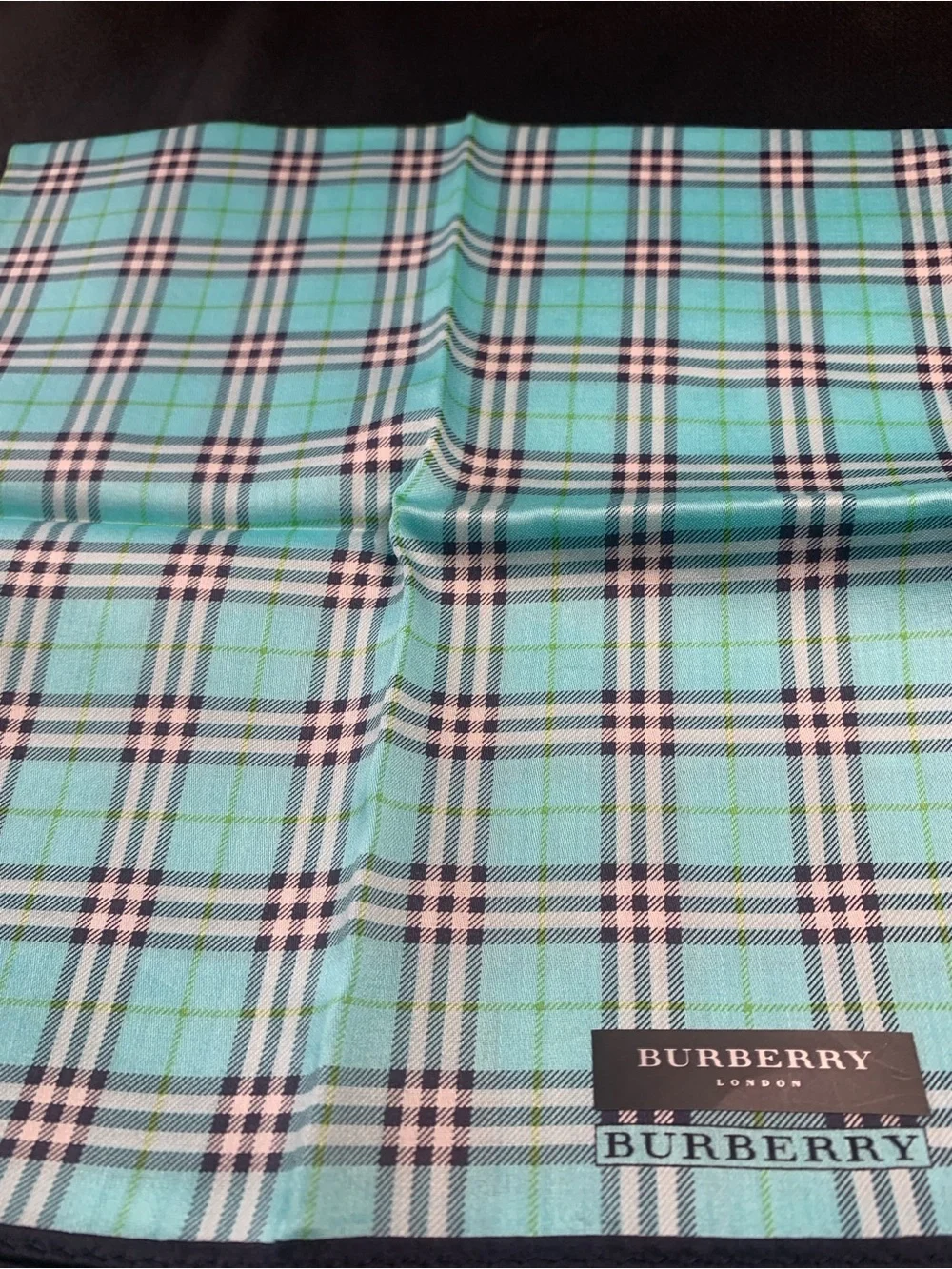 Burberry Plaid Handkerchief in Aqua Blue and Navy Trim
